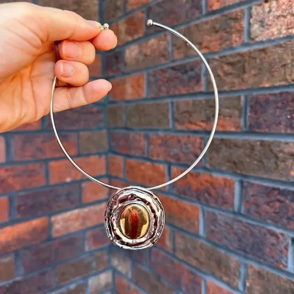 Silver Button Oval Bangle Necklace